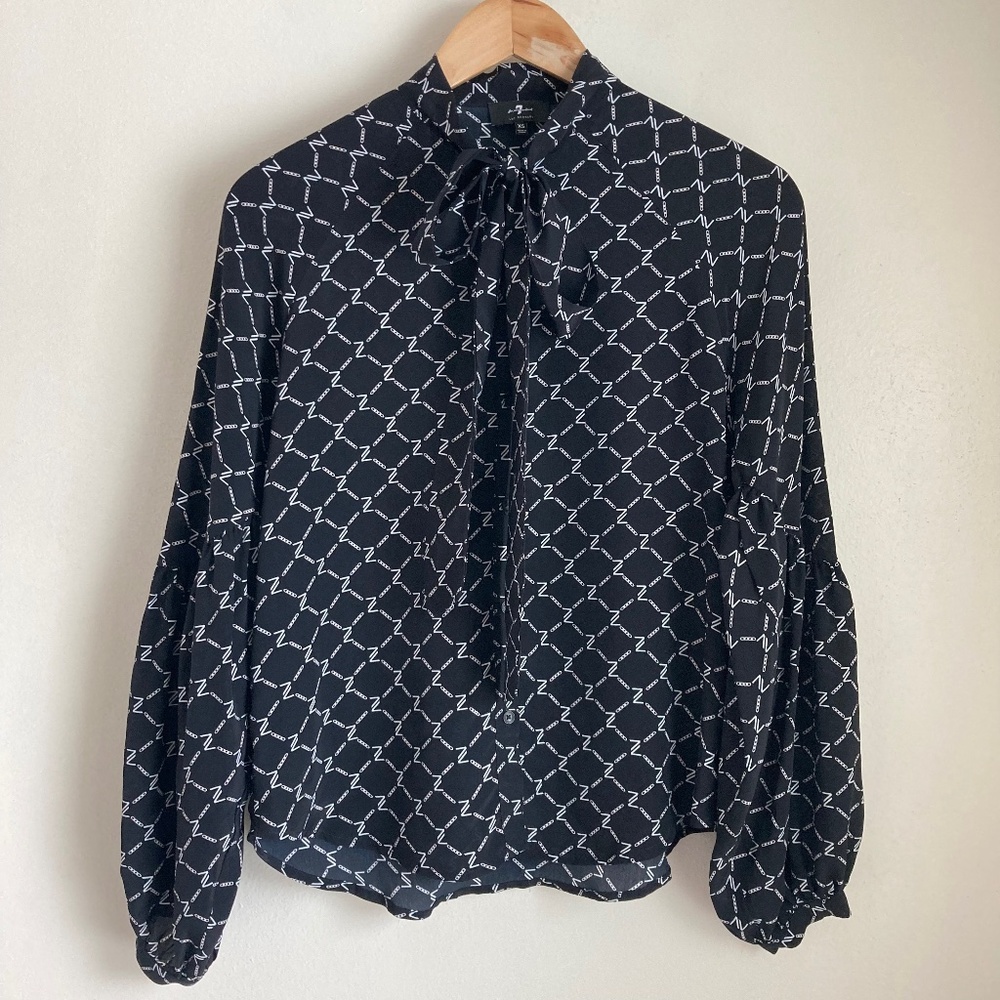 Tie-Neck Black Geometric Print Blouse